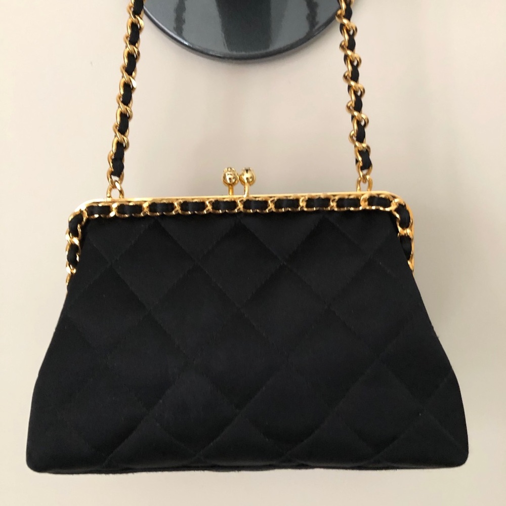 Chanel Black Quilted Satin Kiss Lock Evening Bag